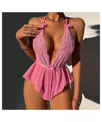 Lingerie for Women Sexy Lace V Neck See Through Chemise Babydoll Boudoir Teddy Babydoll Clubwear Chemises Sleepwear Pink $9.5...