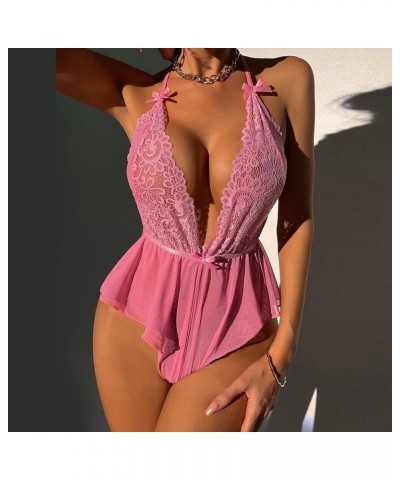 Lingerie for Women Sexy Lace V Neck See Through Chemise Babydoll Boudoir Teddy Babydoll Clubwear Chemises Sleepwear Pink $9.5...