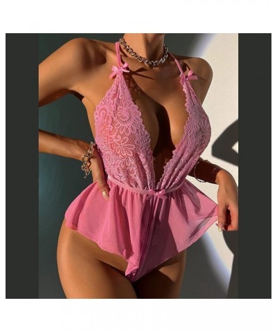 Lingerie for Women Sexy Lace V Neck See Through Chemise Babydoll Boudoir Teddy Babydoll Clubwear Chemises Sleepwear Pink $9.5...