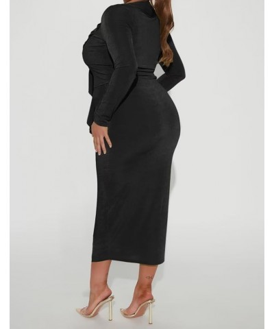 Womens 2 Piece Outfits Long Sleeve Tie Front Crop Top Ruffle V Neck Midi Skirt Dress Set Black $20.54 Suits