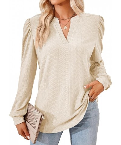 Women Tops Blouse Causal Shirts Puff Long Sleeve Tunic V Neck Beige $14.56 Tops