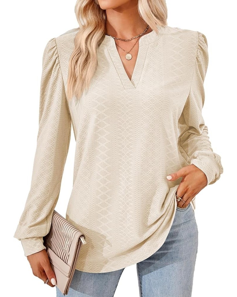 Women Tops Blouse Causal Shirts Puff Long Sleeve Tunic V Neck Beige $14.56 Tops