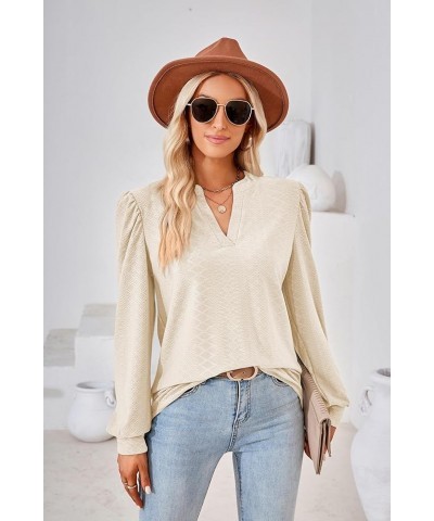 Women Tops Blouse Causal Shirts Puff Long Sleeve Tunic V Neck Beige $14.56 Tops