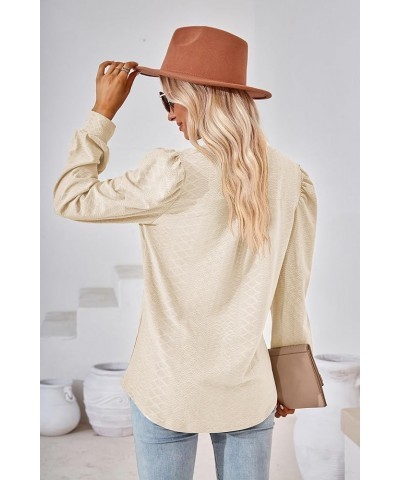 Women Tops Blouse Causal Shirts Puff Long Sleeve Tunic V Neck Beige $14.56 Tops