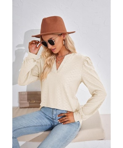 Women Tops Blouse Causal Shirts Puff Long Sleeve Tunic V Neck Beige $14.56 Tops