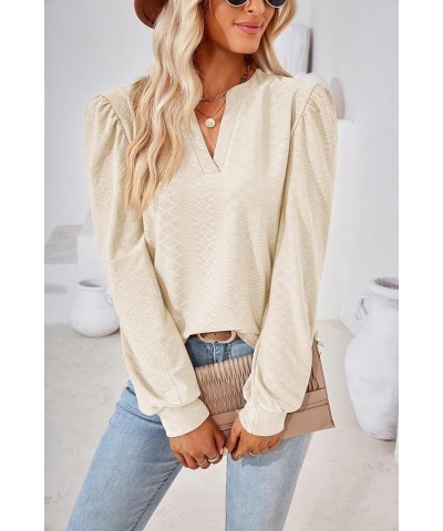 Women Tops Blouse Causal Shirts Puff Long Sleeve Tunic V Neck Beige $14.56 Tops