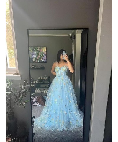 Flower Embroidery Tulle Prom Dresses for Women 2024 Long Spaghetti Straps Formal Floral Evening Party Gowns Blue-b $31.85 Dre...