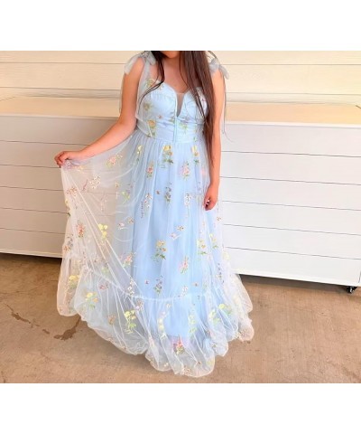 Flower Embroidery Tulle Prom Dresses for Women 2024 Long Spaghetti Straps Formal Floral Evening Party Gowns Blue-b $31.85 Dre...