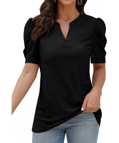 Womens Dressy Casual Tops Short Puff Sleeve Cute Blouses Loose Fit Fashion 2023 Summer Ladies T-Shirts Black $9.00 Tops