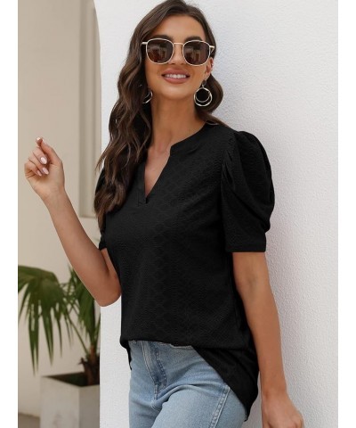 Womens Dressy Casual Tops Short Puff Sleeve Cute Blouses Loose Fit Fashion 2023 Summer Ladies T-Shirts Black $9.00 Tops