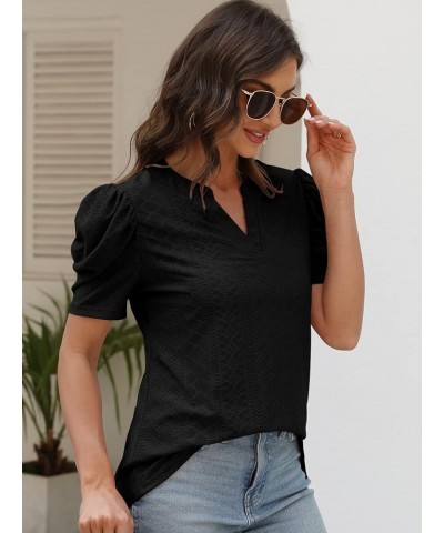 Womens Dressy Casual Tops Short Puff Sleeve Cute Blouses Loose Fit Fashion 2023 Summer Ladies T-Shirts Black $9.00 Tops