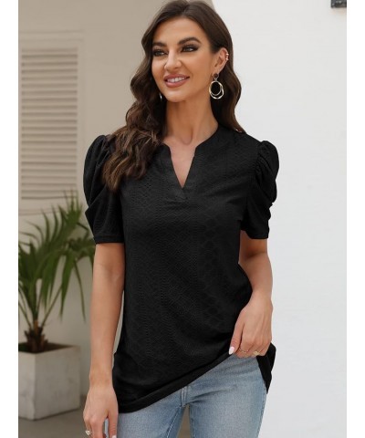 Womens Dressy Casual Tops Short Puff Sleeve Cute Blouses Loose Fit Fashion 2023 Summer Ladies T-Shirts Black $9.00 Tops