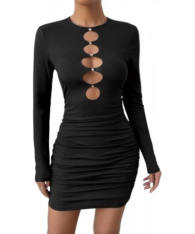 Women's Cut Out Contrast Mesh Long Sleeve Round Neck Bodycon Mini Dress Carbon Black $8.69 Dresses