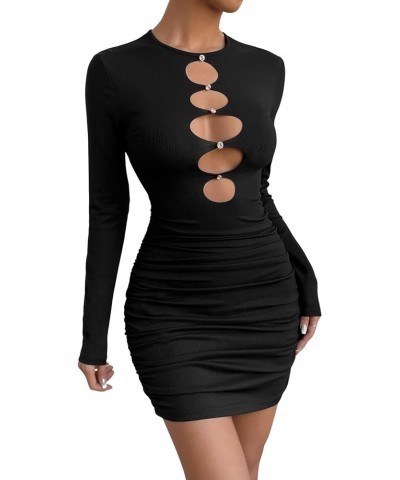 Women's Cut Out Contrast Mesh Long Sleeve Round Neck Bodycon Mini Dress Carbon Black $8.69 Dresses