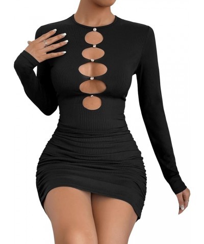 Women's Cut Out Contrast Mesh Long Sleeve Round Neck Bodycon Mini Dress Carbon Black $8.69 Dresses