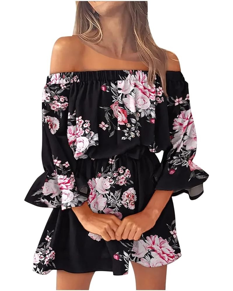 Summer Dresses for Women 2023 Beach Sexy Sundresses Off Shoulder Casual Loose Fit Bell Sleeve Bohemia Floral Mini Dress 05-bl...