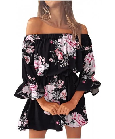 Summer Dresses for Women 2023 Beach Sexy Sundresses Off Shoulder Casual Loose Fit Bell Sleeve Bohemia Floral Mini Dress 05-bl...