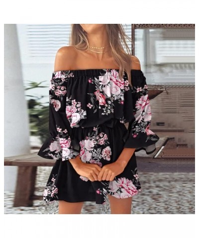 Summer Dresses for Women 2023 Beach Sexy Sundresses Off Shoulder Casual Loose Fit Bell Sleeve Bohemia Floral Mini Dress 05-bl...