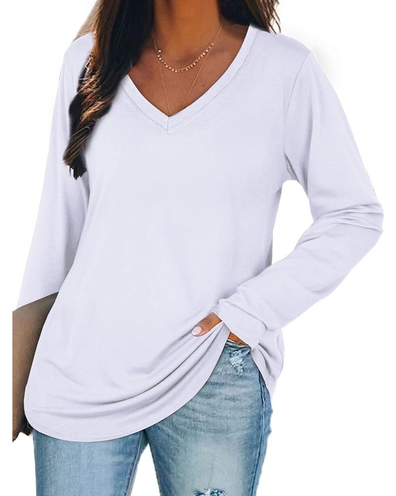 Womens Long Sleeve Tops V-Neck Plain Tee Shirts 1-white $8.54 T-Shirts