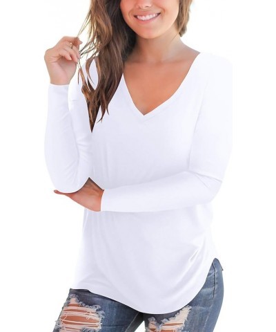 Womens Long Sleeve Tops V-Neck Plain Tee Shirts 1-white $8.54 T-Shirts