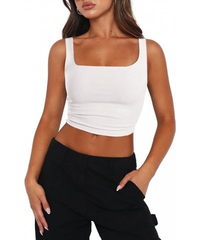 Women's Square Neck Sleeveless Crop Tops 2024 Cute Double Layer Seamless Slim Fit Y2k Tank Tops B_white $12.16 Others