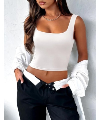 Women's Square Neck Sleeveless Crop Tops 2024 Cute Double Layer Seamless Slim Fit Y2k Tank Tops B_white $12.16 Others