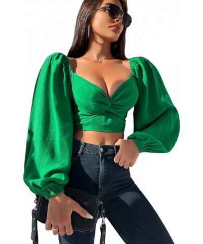 Women's Puff Long Sleeve Crop Tops Twisted Knot Front V Neck Smocked Shirts Blouses Green $14.49 Blouses