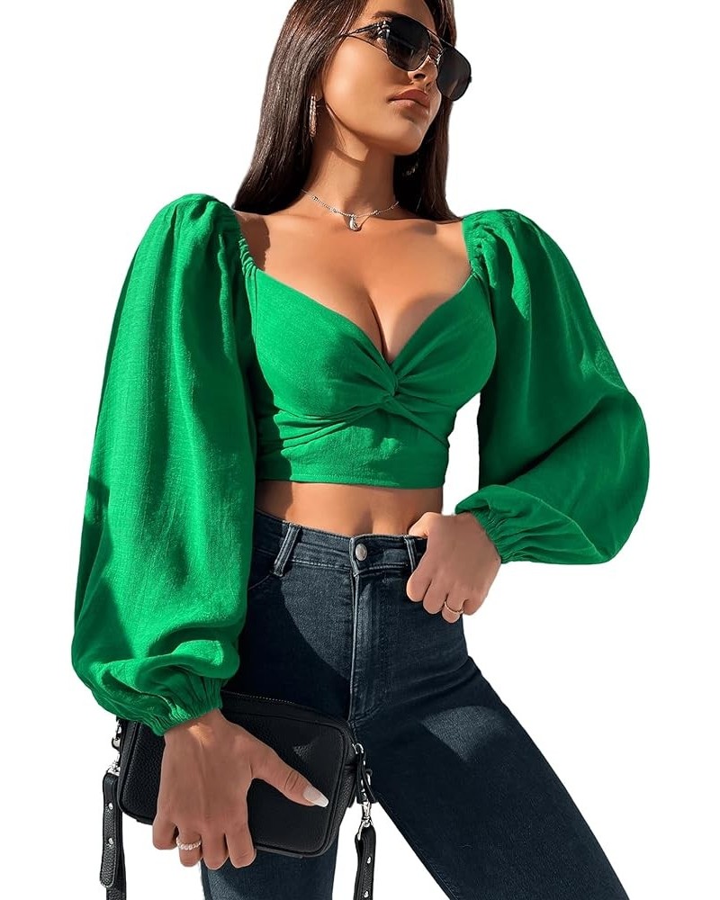 Women's Puff Long Sleeve Crop Tops Twisted Knot Front V Neck Smocked Shirts Blouses Green $14.49 Blouses