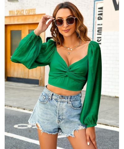 Women's Puff Long Sleeve Crop Tops Twisted Knot Front V Neck Smocked Shirts Blouses Green $14.49 Blouses