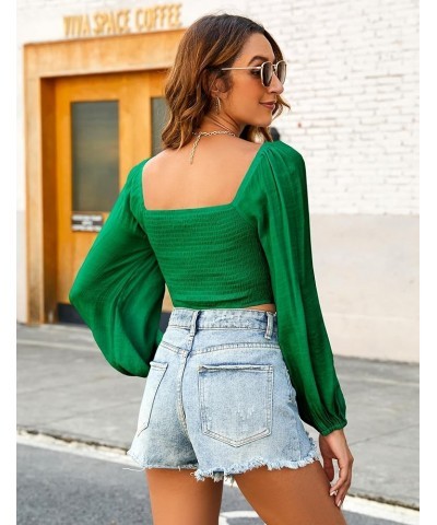 Women's Puff Long Sleeve Crop Tops Twisted Knot Front V Neck Smocked Shirts Blouses Green $14.49 Blouses