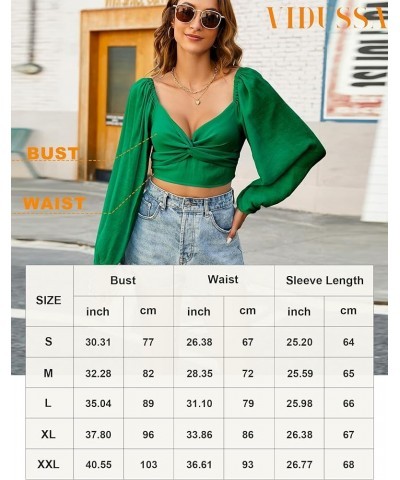 Women's Puff Long Sleeve Crop Tops Twisted Knot Front V Neck Smocked Shirts Blouses Green $14.49 Blouses