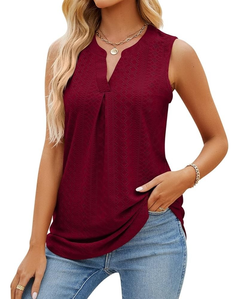 Women's Summer Sleeveless Tank Tops V Neck Dressy Work Shirts Casual Loose Fit Eyelet Tops Blouses Burgundy $12.59 Tanks