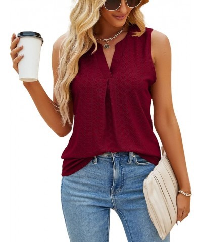 Women's Summer Sleeveless Tank Tops V Neck Dressy Work Shirts Casual Loose Fit Eyelet Tops Blouses Burgundy $12.59 Tanks