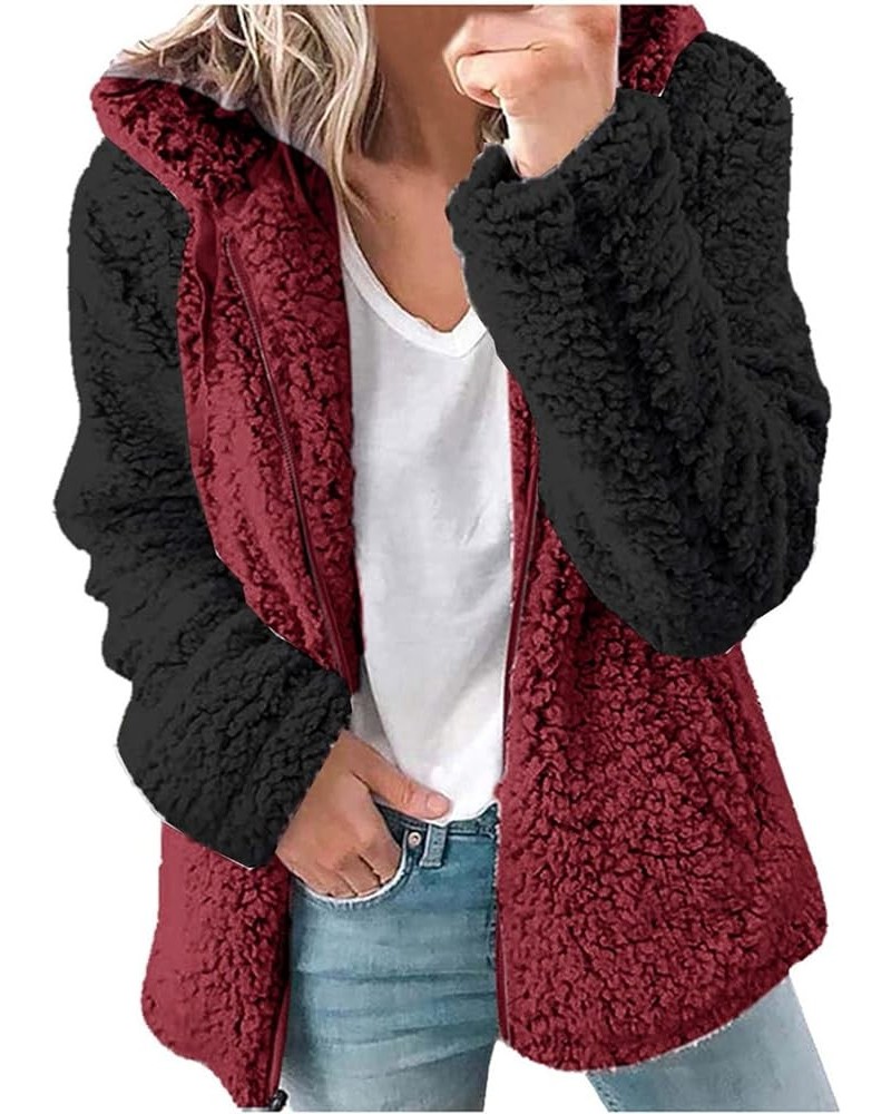 Fleece Jacket Women Full Zip Winter Jackets Warm Soft Teddy Coat Long Sleeve Sherpa Jacket Faux Fur Fluffy Coats Wine $8.57 C...