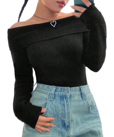 Women's Off Shoulder Ribbed Knit Long Sleeve Foldover Casual Sweater Pullover Black $19.68 Sweaters