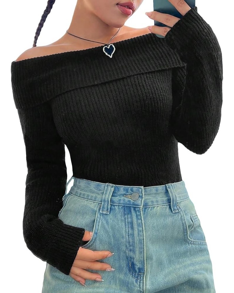 Women's Off Shoulder Ribbed Knit Long Sleeve Foldover Casual Sweater Pullover Black $19.68 Sweaters