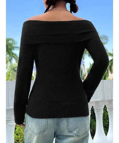 Women's Off Shoulder Ribbed Knit Long Sleeve Foldover Casual Sweater Pullover Black $19.68 Sweaters