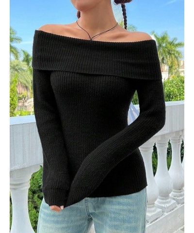 Women's Off Shoulder Ribbed Knit Long Sleeve Foldover Casual Sweater Pullover Black $19.68 Sweaters