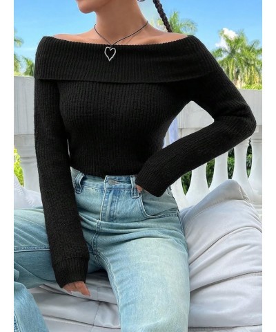 Women's Off Shoulder Ribbed Knit Long Sleeve Foldover Casual Sweater Pullover Black $19.68 Sweaters