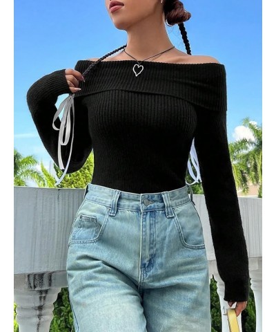 Women's Off Shoulder Ribbed Knit Long Sleeve Foldover Casual Sweater Pullover Black $19.68 Sweaters