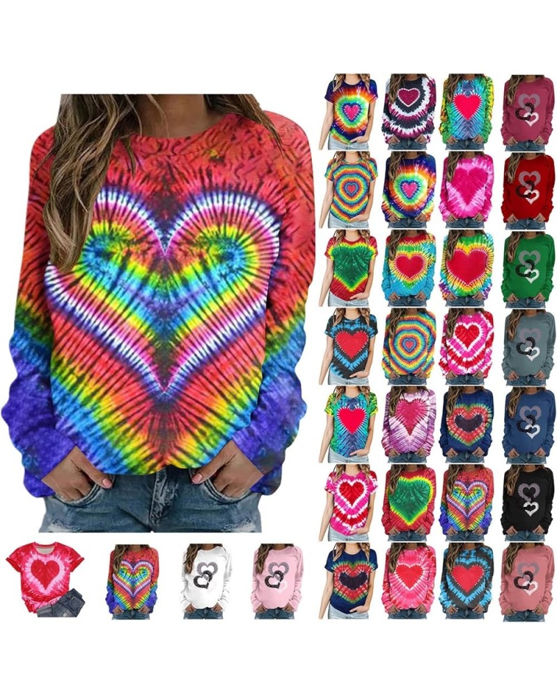 Valentines Day Shirts Women Short/Long Sleeve Crewneck Cute Summer Tops Tie Dye Heart Printed Graphic Tees T Shirts B22-pink ...