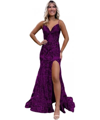 Sparkly Sequin Mermaid Prom Dress with Slit for Women Spaghetti Straps Evening Formal Gown 2024 A Plum $45.89 Dresses