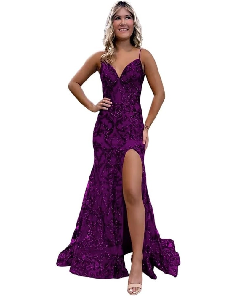 Sparkly Sequin Mermaid Prom Dress with Slit for Women Spaghetti Straps Evening Formal Gown 2024 A Plum $45.89 Dresses