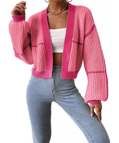 Women Long Sleeve Short Cardigan Sweaters Long Sleeve Contrast Color Loose Fit Open Front Knit Crop Tops 1 Pink $13.44 Sweaters