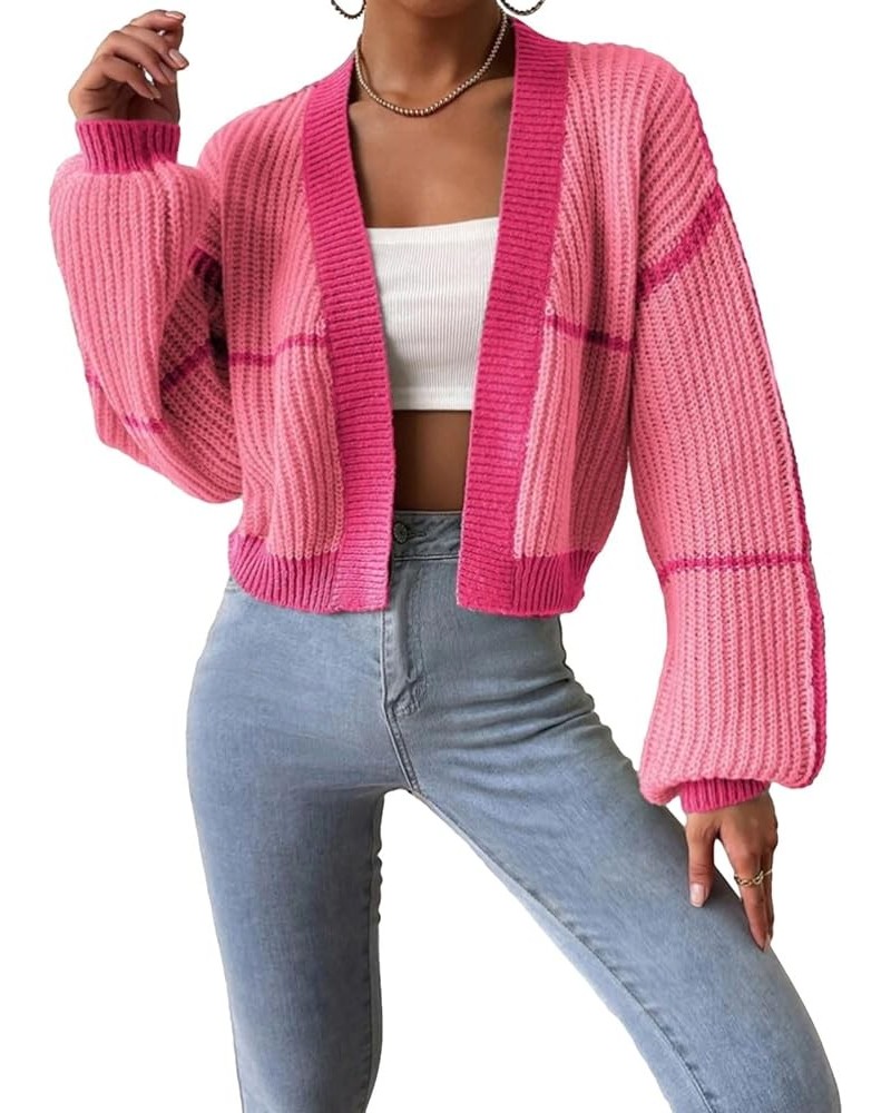 Women Long Sleeve Short Cardigan Sweaters Long Sleeve Contrast Color Loose Fit Open Front Knit Crop Tops 1 Pink $13.44 Sweaters