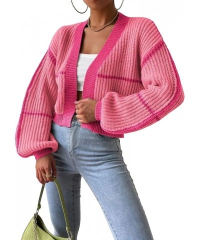 Women Long Sleeve Short Cardigan Sweaters Long Sleeve Contrast Color Loose Fit Open Front Knit Crop Tops 1 Pink $13.44 Sweaters