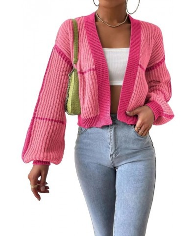 Women Long Sleeve Short Cardigan Sweaters Long Sleeve Contrast Color Loose Fit Open Front Knit Crop Tops 1 Pink $13.44 Sweaters