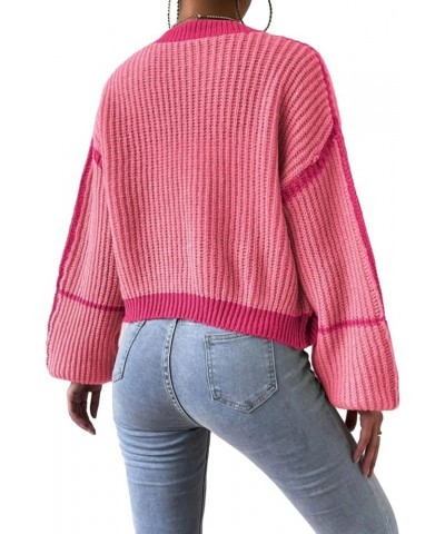 Women Long Sleeve Short Cardigan Sweaters Long Sleeve Contrast Color Loose Fit Open Front Knit Crop Tops 1 Pink $13.44 Sweaters