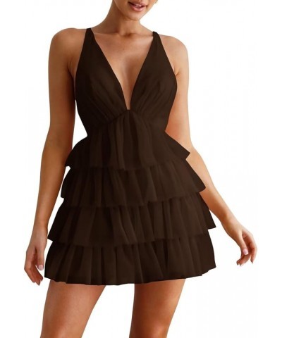 Women's Sleeveless Crisscross Backless Deep V Neck Adjustable Spaghetti Strap Tiered Frill Tulle Mini Dress Chocolate $35.55 ...