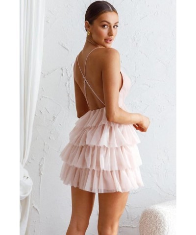 Women's Sleeveless Crisscross Backless Deep V Neck Adjustable Spaghetti Strap Tiered Frill Tulle Mini Dress Chocolate $35.55 ...